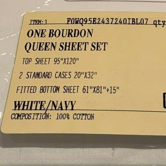 FRETTE ONE BOURDON QUEEN 4 PIECE SHEET SET PERCALE COTTON WHITE/NAVY - Picture 3 of 3
